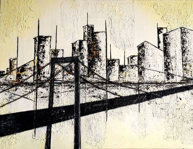 Teer-City | 2015 | Mischtechnik in Acryl, Bitumen und Asche | 60x80cm